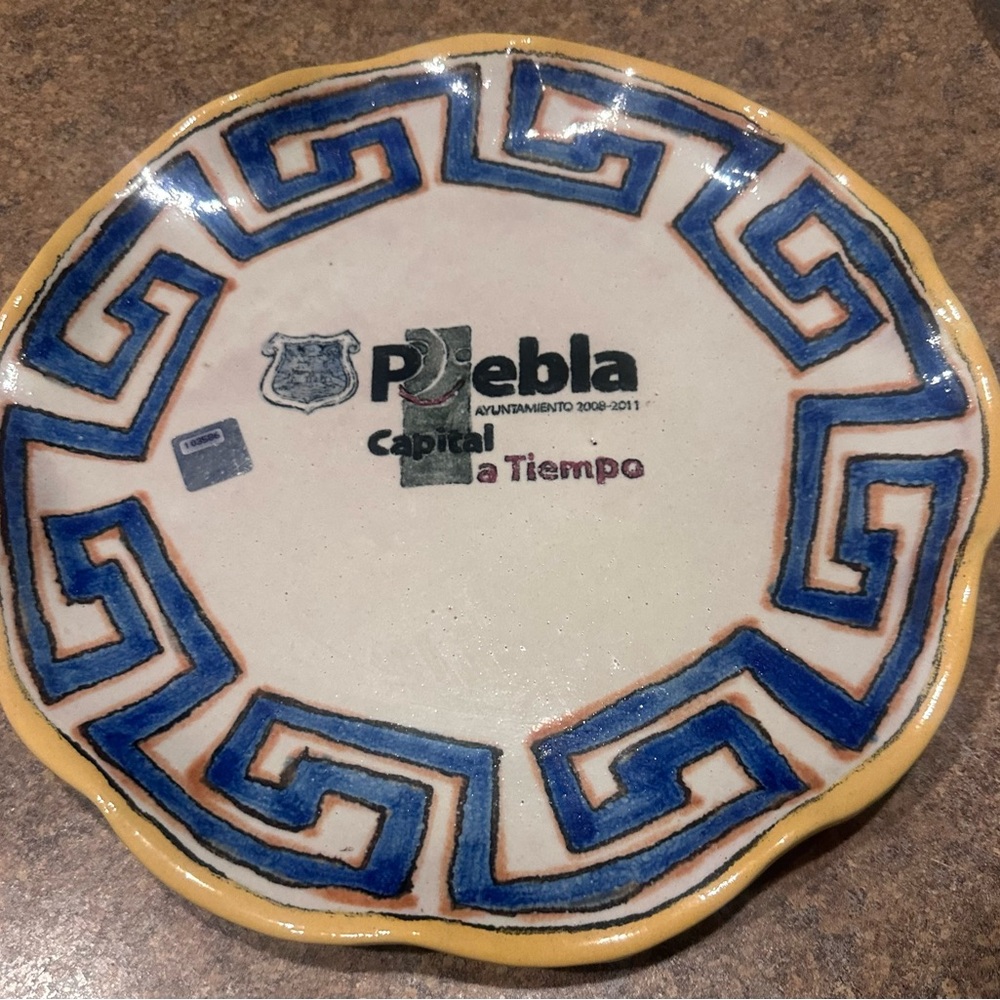 Decorative Plate with Blue and Yellow Greek Key Design